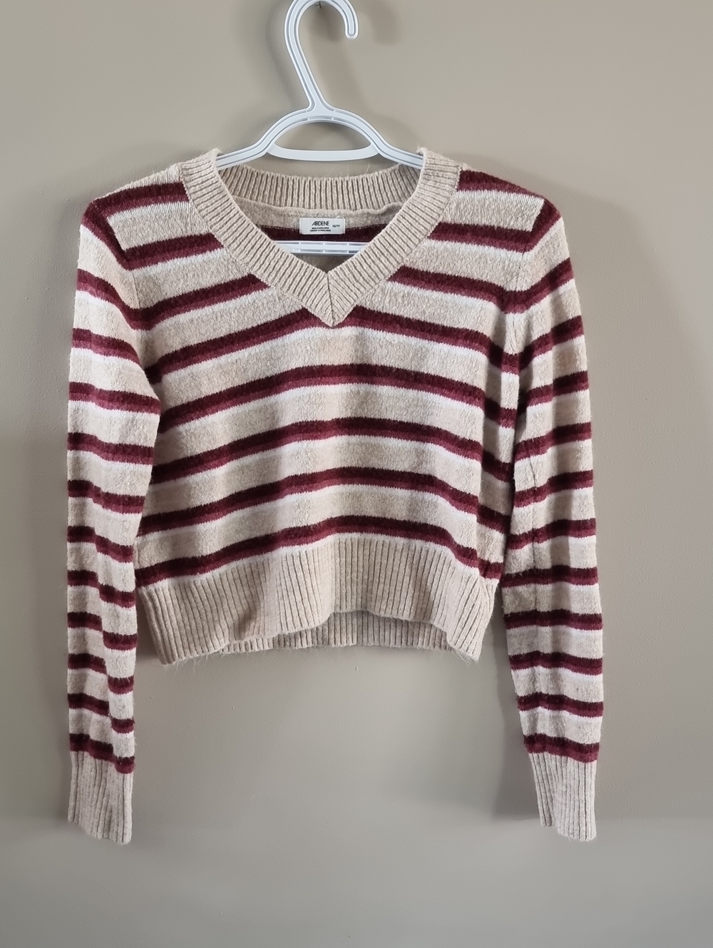 Ardene Cream & Burgundy Striped V-Neck Sweater